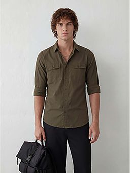 WROGN - Olive Solid/Plain Slim Shirt