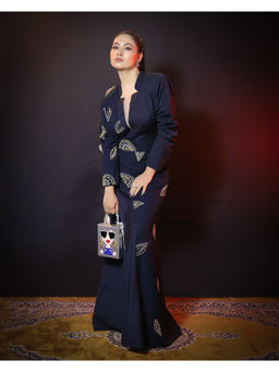 Payal Dawar - Navy Blue Embroidered Bold Pannel Dress