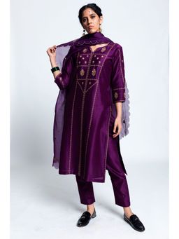 Label Earthen - Women Purple Embroidered Kurta with Pant & Dupatta (Set of 3)