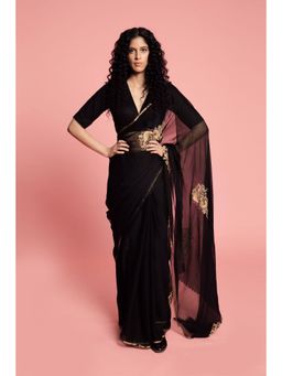 Label Earthen - Women Black Embroidered Saree with Stitched Blouse