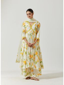 Label Earthen - Women White Floral Anarkali Kurta with Palazzo & Dupatta (Set of 3)