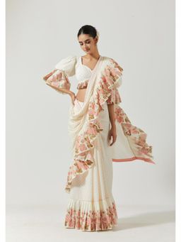 Label Earthen - Women White Floral Pre-Draped Saree with Stitched Blouse