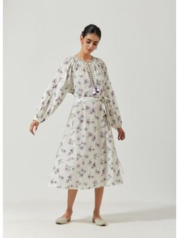 Label Earthen - Women White Floral Midi Dress with Belt (Set of 2)
