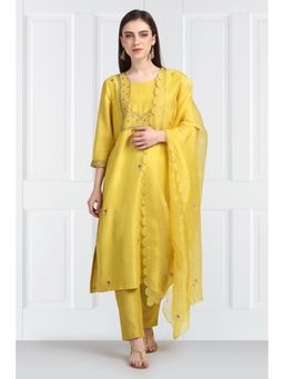 Label Earthen - Women Yellow Embroidered Kurta with Pant & Dupatta (Set of 3)