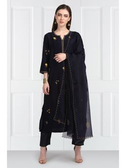 Label Earthen - Women Navy Blue Embroidered Kurta with Pant & Dupatta (Set of 3)