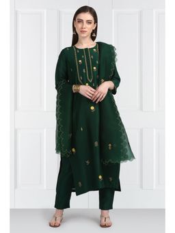 Label Earthen - Women Green Embroidered Kurta with Pant & Dupatta (Set of 3)