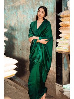 Label Earthen - Women Green Embroidered Saree with Stitched Blouse