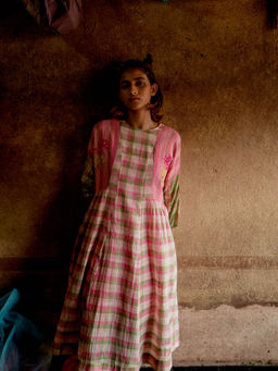 Label Earthen - Women Pink Checks Maxi Dress