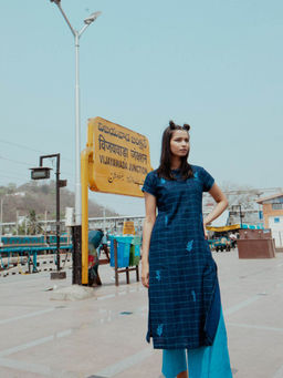 Label Earthen - Women Navy Blue Checks Kurta with Palazzo (Set of 2)