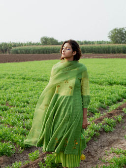 Label Earthen - Women Green Checks Kurta with Palazzo (Set of 2)