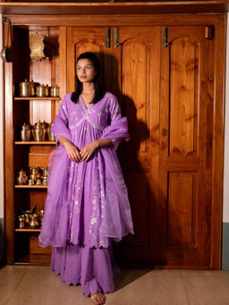 Label Earthen - Women Purple Floral Kurta with Sharara & Dupatta (Set of 3)