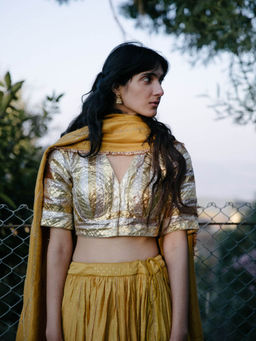 Label Earthen - Women Gold Printed Lehenga with Choli & Dupatta (Set of 3)