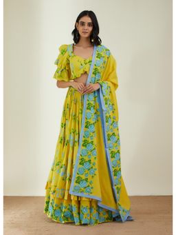 Label Earthen - Women Yellow Floral Lehenga with Choli & Dupatta (Set of 3)