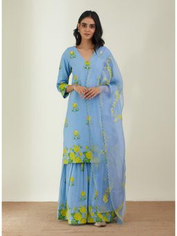 Label Earthen - Women Blue Floral Kurta with Sharara & Dupatta (Set of 3)