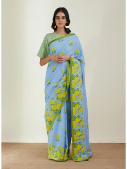 Label Earthen - Women Blue Floral Saree with Stitched Blouse