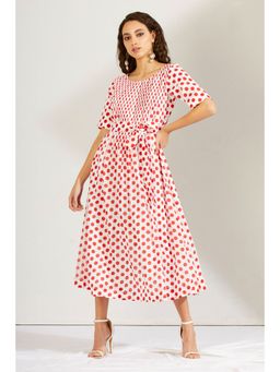 Label Earthen - Women Red Polka Dots Midi Dress with Belt (Set of 2)
