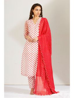 Label Earthen - Women White Polka Dots Kurta with Pant & Dupatta (Set of 3)