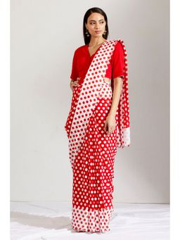 Label Earthen - Women Red Polka Dots Saree with Stitched Blouse