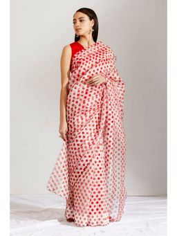Label Earthen - Women Red Polka Dots Saree with Stitched Blouse