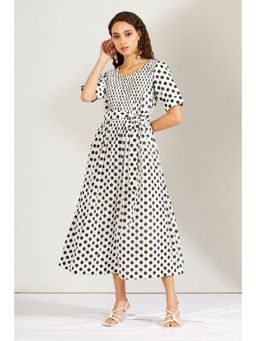 Label Earthen - Women Black Polka Dots Midi Dress with Belt (Set of 2)
