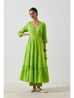 Label Earthen - Women Green Floral Angarkha Kurta with Pant (Set of 2)