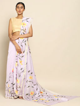 CHOWDHRAIN - Lavender canvas Handpainted Chanderi Saree with Unstitched Blouse Piece