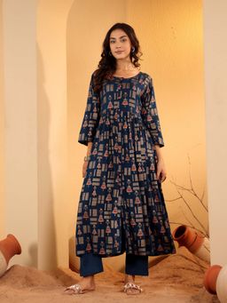 Varanga - Women Navy Blue Foil Printed A-Line Dress with Round Neck Kurta