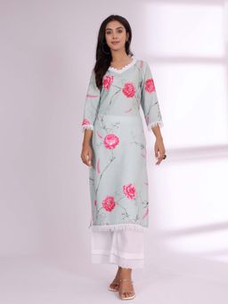 Varanga - Women Floral Printed Lace Detail Straight Kurta