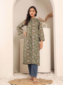 Varanga - Women Olive Floral Printed Mandarin Collar Straight Kurta