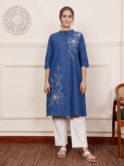 SAVI - Blue Denim Embroidered Trendy Kurta