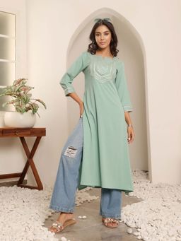 Varanga - Women Sea Green Gota Embellished Straight Kurta
