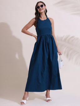 SALVIA SKY - Blue Poplin Halter Neck Maxi Dress