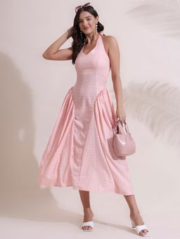 SALVIA SKY - White Plaid Halter Neck Midi Sun Dress