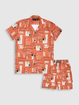 CAVIO - Orange Trendy Printed Half Sleeve Shirt and Shorts
