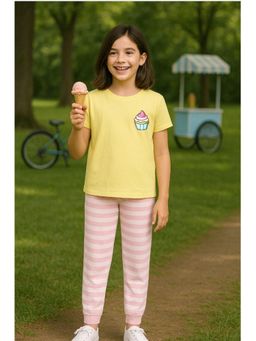 Bubble Berry - Yellow Girls Cotton T-Shirt with Striped Joggers