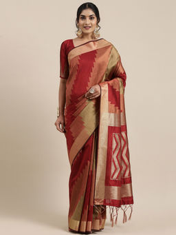 Sareemall - Womens Cotton Silk Rust Woven Design Handloom Saree with Unstitched Blouse
