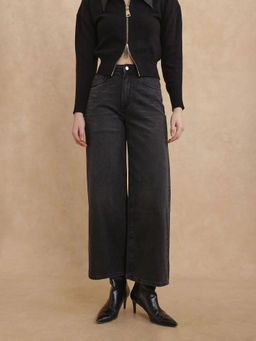 RAREISM - Kinzy Primary Black Plain Wide Ankle Length Jeans