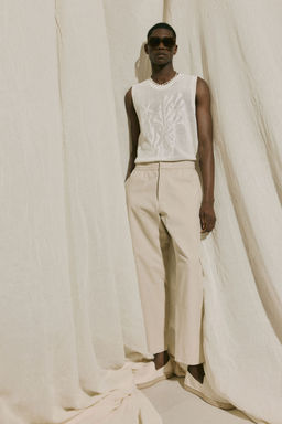 H&M - Men Beige Relaxed Fit Cotton-Blend Twill Trousers