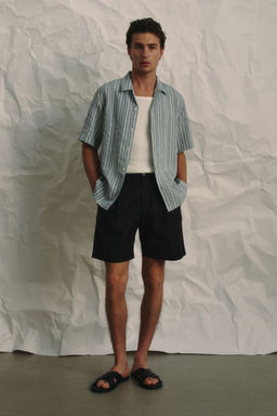 H&M - Men Blue Relaxed Fit Linen-Blend Shorts