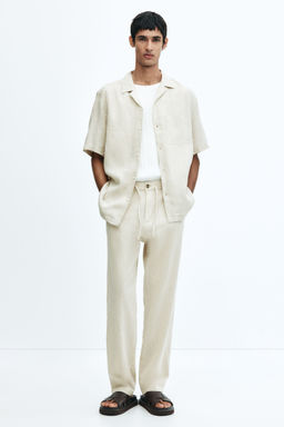 H&M - Men Beige Regular Fit Linen-Blend Trousers