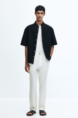 H&M - Men White Regular Fit Linen-Blend Trousers