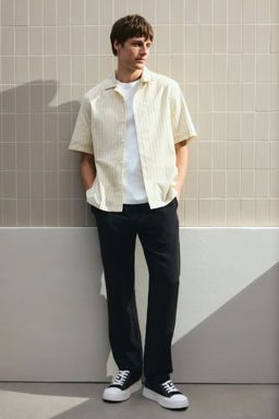 H&M - Men Black Regular Fit Linen-Blend Trousers