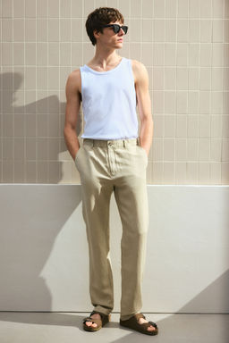 H&M - Men Beige Regular Fit Linen-Blend Trousers