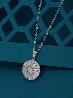 Carlton London - Premium Silver Toned C Z Studded Rhodium-Plated Circular Pendant with Chain