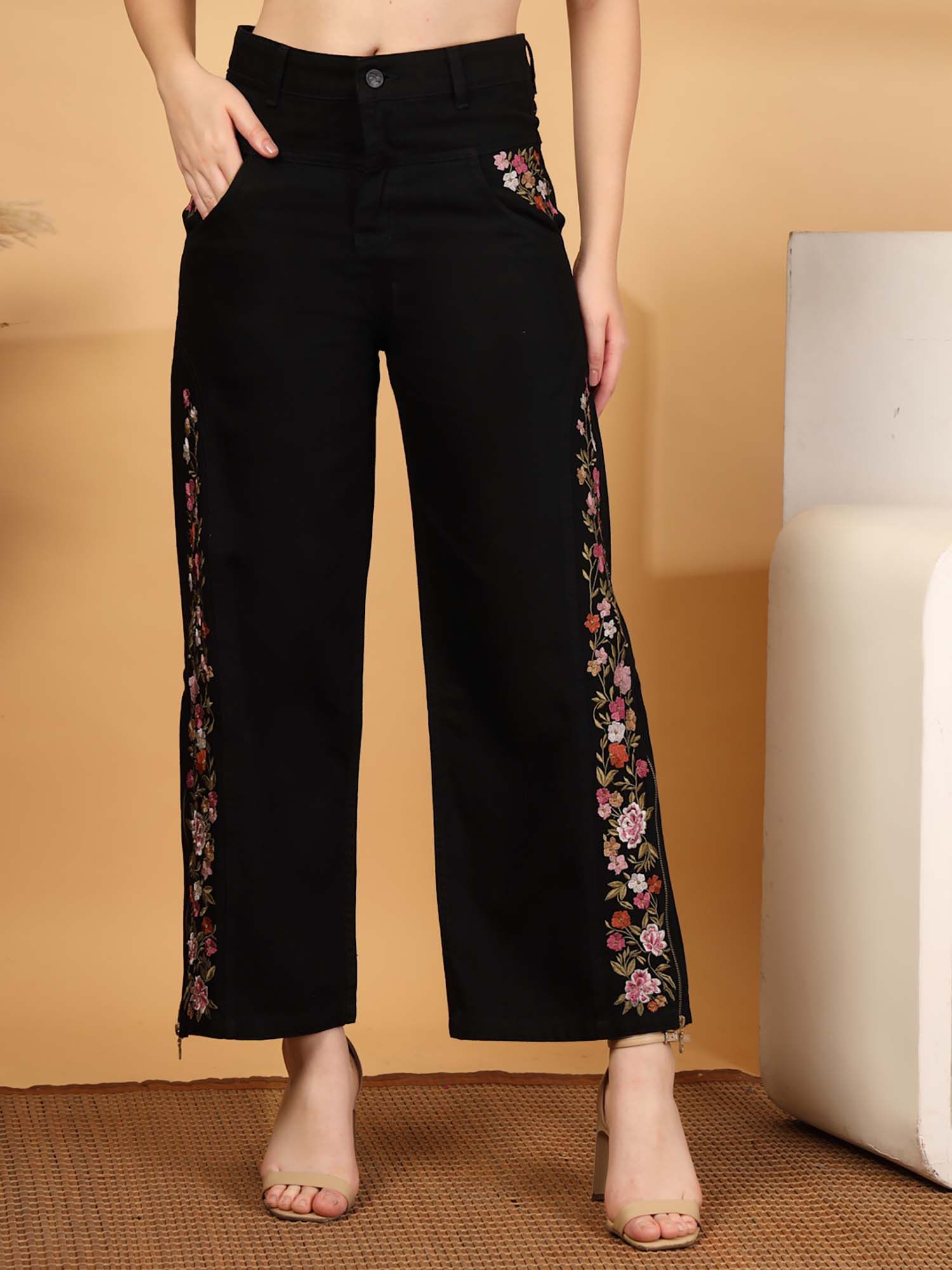 cosmic trio Embroidered Wide Leg Black Jeans-picture-42