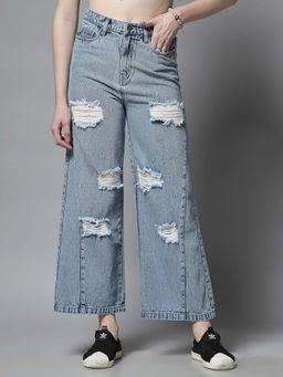 COSMIC TRIO - Wide Leg Distressed Blue Jeans