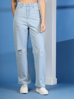 COSMIC TRIO - Wide Leg Mid-Rise Ripped Casual Blue Jeans