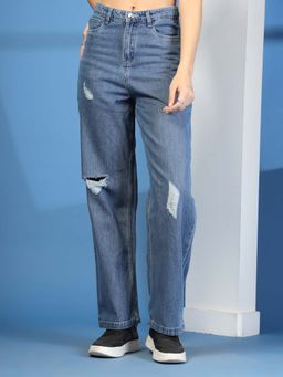 COSMIC TRIO - Wide Leg Mid-Rise Ripped Casual Navy Blue Jeans