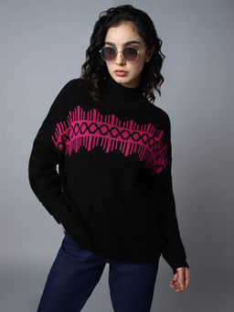 High Star - Geometric Printed Mock Collar Long Sleeve Acrylic Pullover Sweaters