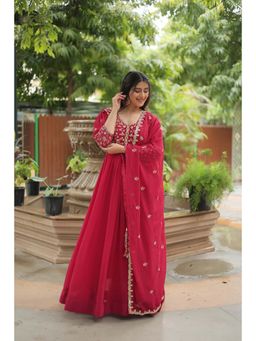 JATRIQQ - Pink Faux Blooming Embroidered Work Gown with Dupatta (Set of 2)